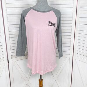 Victorias Secret Pink Sequin Logo Baseball Tee Shirt Pink Grey Medium
